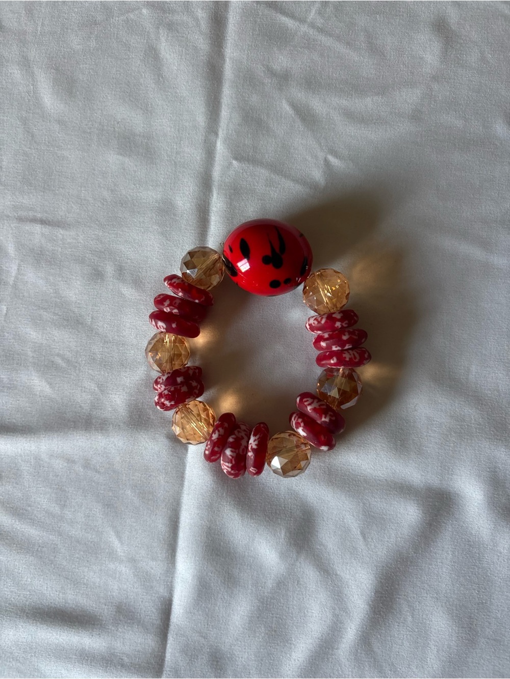 Handmade Red Beaded bracket w Stretch  - red, white and gold